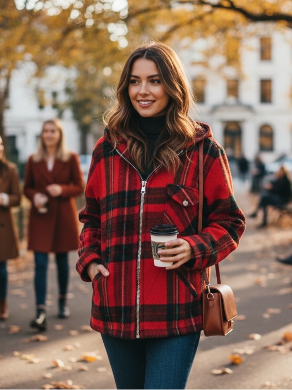 Red Plaid Wool Hooded Zip-Up Jacket M/L